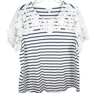 Charter Club Women's 3X Striped Top White‎ Black Lace Sleeve Plus Size